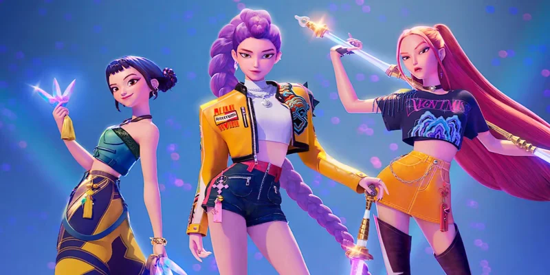 Image of the three heroines posing, from K-Pop Demon Hunters.