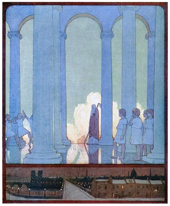 An old man, symbolizing Time, stands at the far end of a building supported by Ionic columns, while some children engage in dances and others watch the fire burning in the background. A predella-like addition below the main motif shows a city at night.