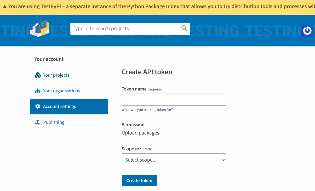 TestPyPI page for creating API token