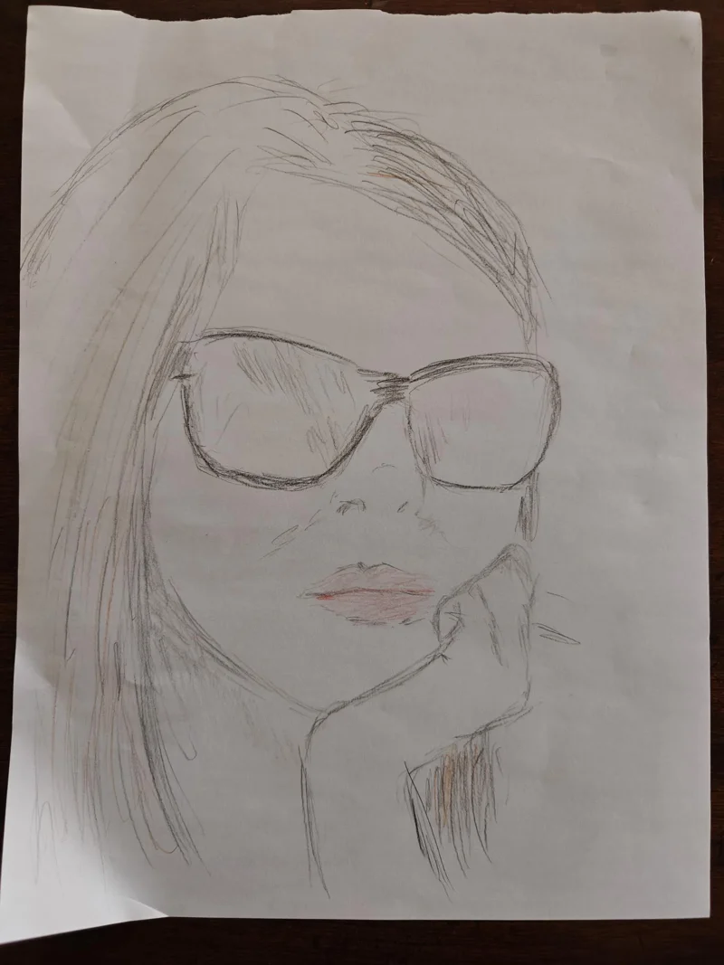 Light pencil sketch on a white paper of a pensive woman wearing sunglasses, resting her check on her hand, with her lips lightly colored pink.