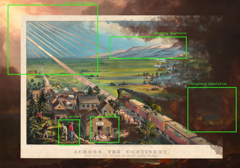 A highly-contrasted digital landscape of a train going West with settlements in the bottom left. The image has 5 boxes symbolizing computer vision, with text that reads 'settler' 'beckoning mountains' and 'the future awaits' and 'indigenous population' which is non-existent.