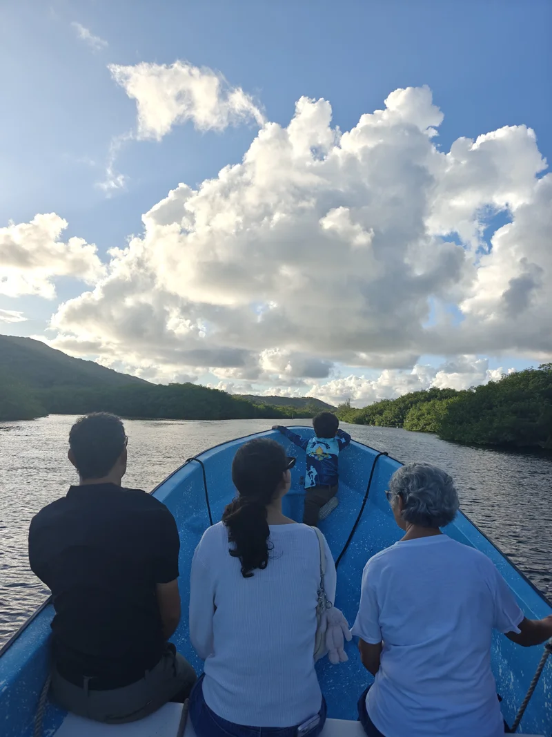 Blue boat with child overlooking the bow. A man, a woman, and graying older woman sit on the next bench looking forward. Going through a canal, with white puffy clouds ahead.