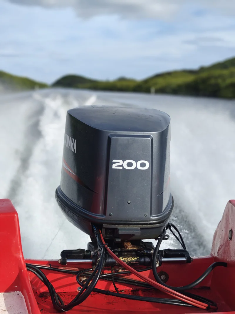 Black motor on the back of red boat. White ocean spray is blurred behind.