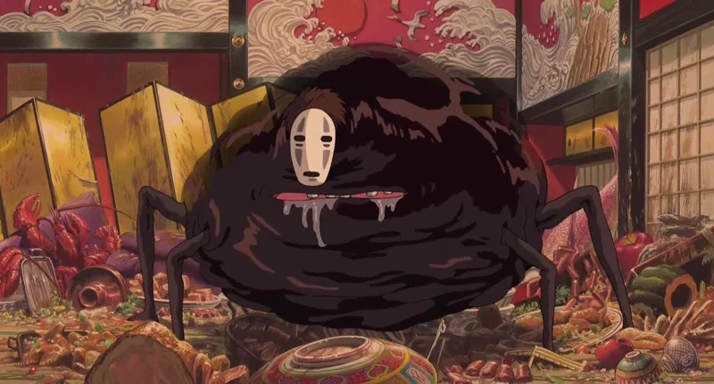 No-face from Spirited Away. A gluttonous black blob with white mask with salivating mouth amidst a wrecked banquet hall.