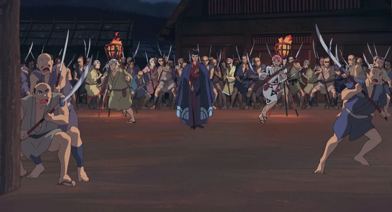 Woman in blue kimono walking forward, amidst men and women holding spears forward.