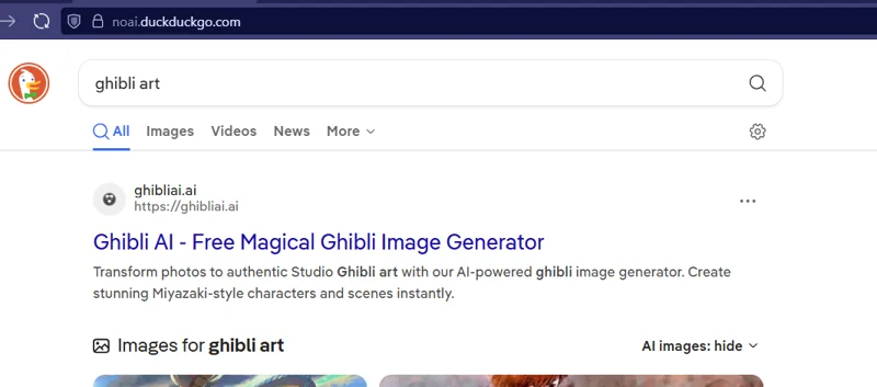 noai.duckduckgo.com search for 'ghibli art' shows result of Ghibli AI - Free Magical Ghibli Image Generator