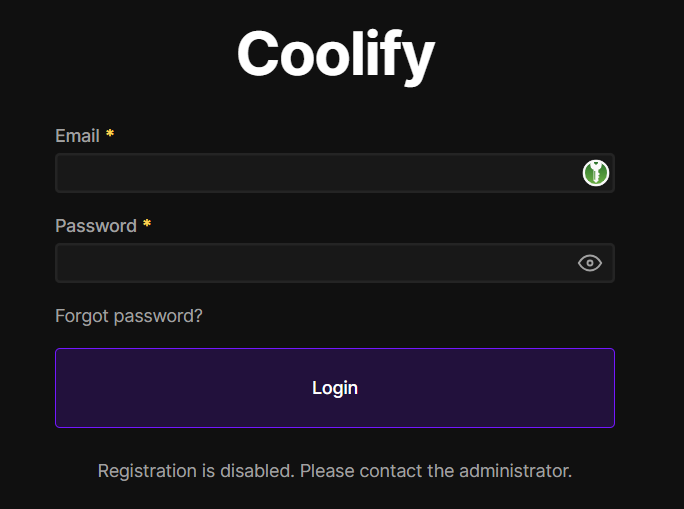Coolify login dialog