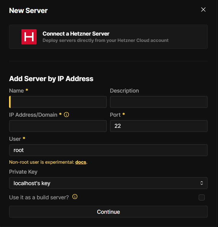 Coolify's New Server dialog with Hetzner connectivity