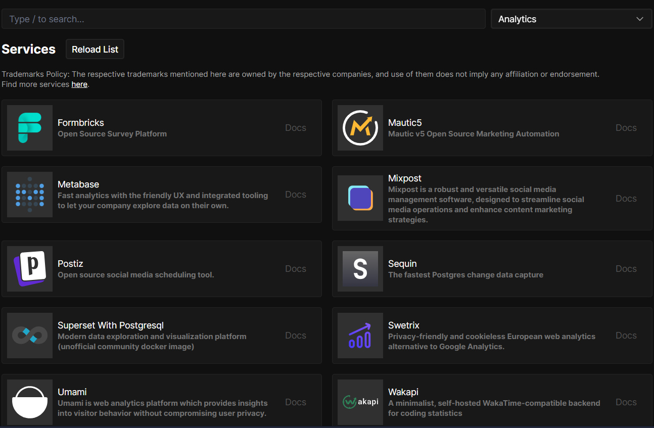 Coolify dashboard of Service choices