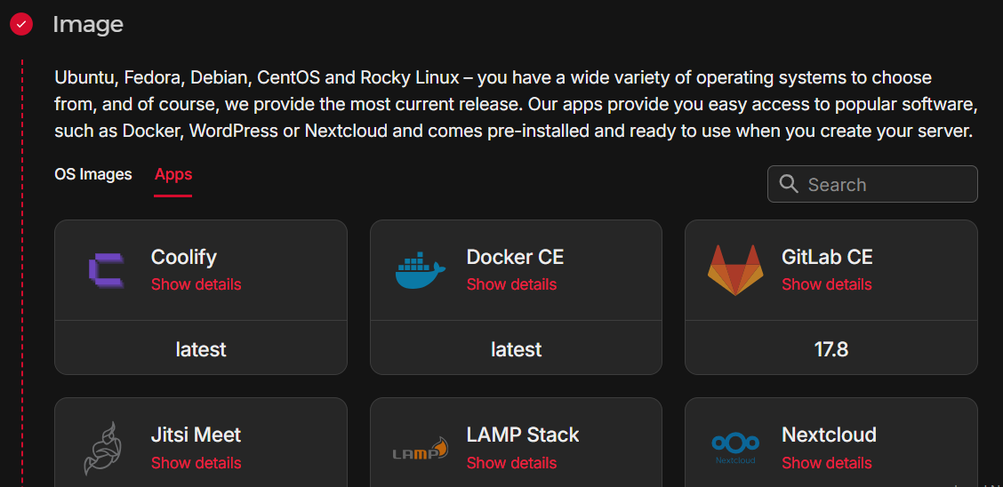 Hetzner list of app images