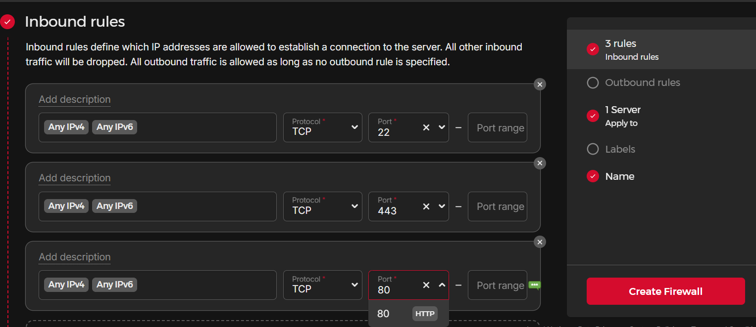 Hetzner firewall dashboard for adding rules