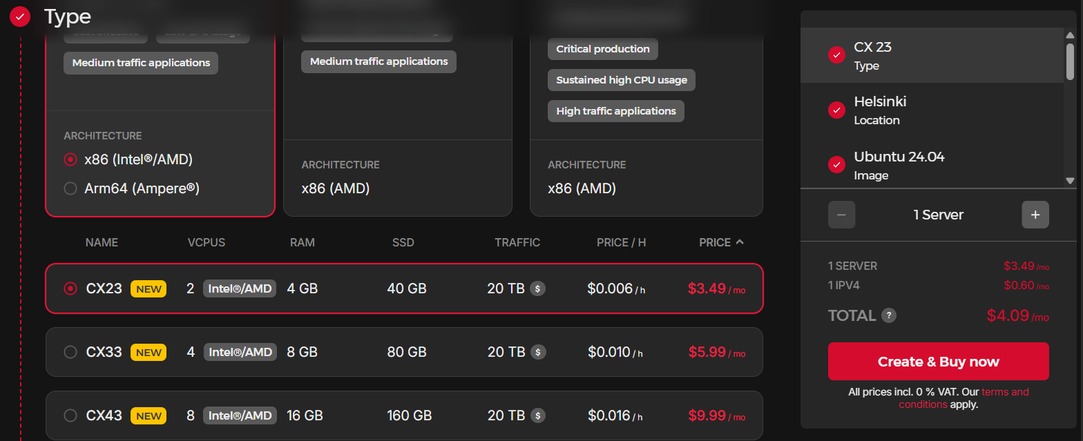 Hetzner dashboard for choosing server specs