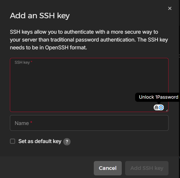 Hetzner dialog for adding SSH key