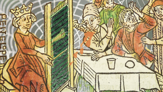 An archival image of a medieval dinner scene. On one side, there is a Penelope (from Greek mythology) weaving, but instead of thread, it is a board of binary code. On the other side, there is a a drink spilling and other figures looking distressed/chaotic. 