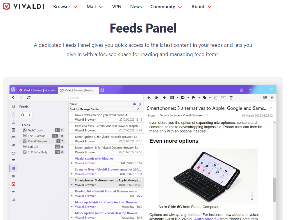 Vivaldi showing Feeds Panel feature