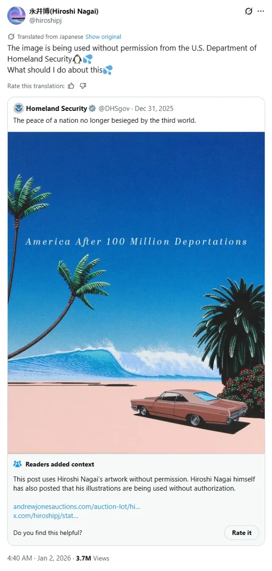 Xenophobic post from Homeland Security displays a beach scene artwork featuring palm trees, a pinkish car, ocean waves, and a bright blue sky, with words overlayed reading 'America After 100 Million Deportations'. Post is quoted by Hiroshi Nagai, stating, 'The image is being used without permission from the U.S. Department of Homeland Security. What should I do about this