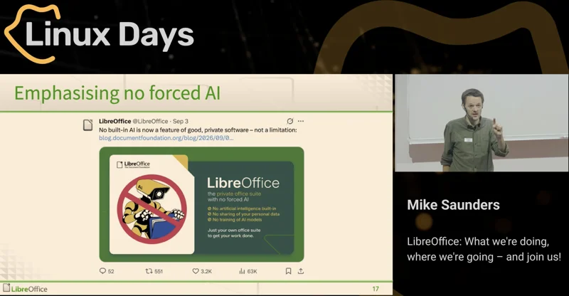 Screenshot of Linux Days presentation by Mike Saunders showing LibreOffice slide emphasizing no forced AI.
