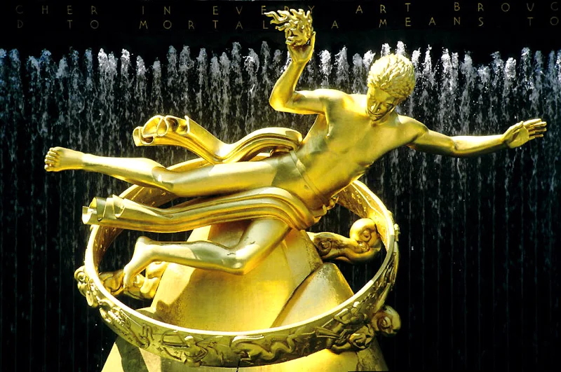 Golden Sculpture of Prometheus at the Rockefeller Plaza. Manhattan, N.Y.C., New York, United States