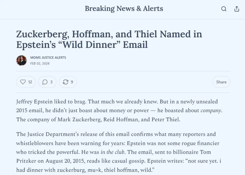 Screenshot from Moms Justice Alerts with the headline 'Zuckerberg, Hoffman, and Thiel Named in Epstein's Wild Dinner Email'