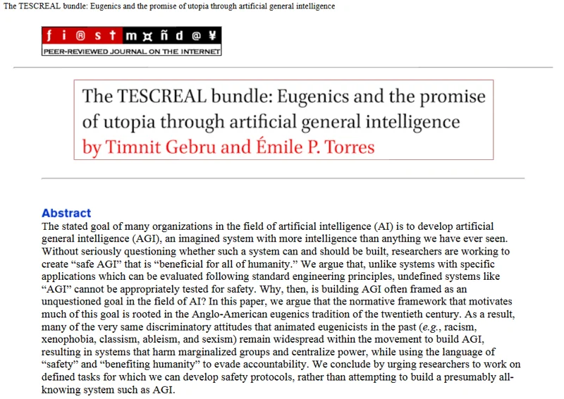 Screenshot of First Monday publication with title, 'The TESCREAL bundle: Eugenics and the promise of utopia through artificial general intelligence