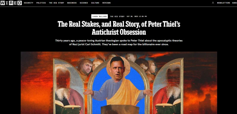 Screenshot from Wired with Peter Thiel's head superimposed on a body with robe and outstretched arms.