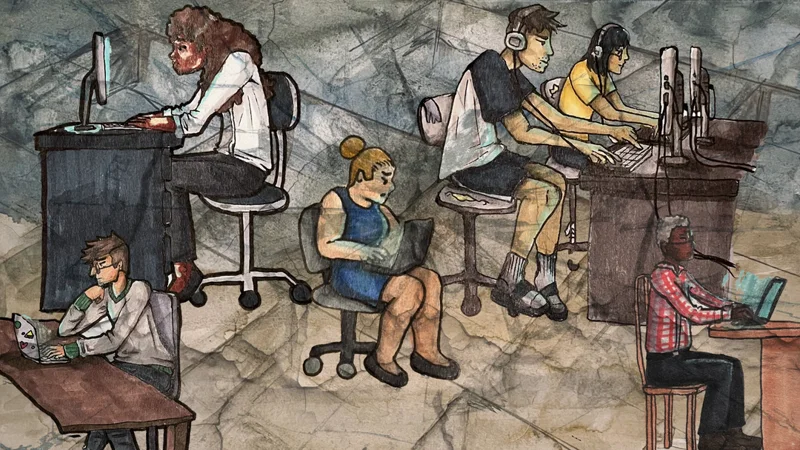 Illustrations of six data workers, working at computers in isolation from each other. Painted background includes hazy image of cubicles; digital overlay of glass fractures.