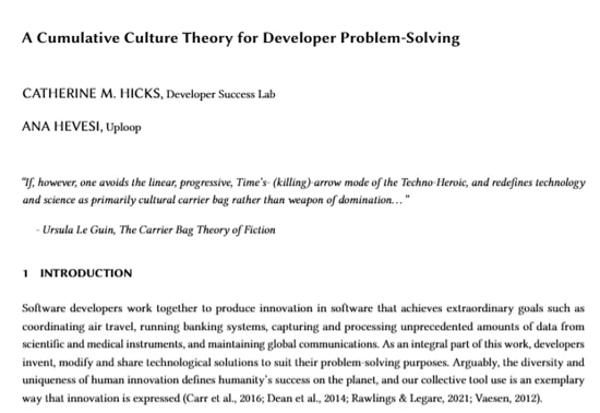 View of white paper 'A Cumulative Culture Theory for Developer Problem-Solving' by Catherine M. Hicks and Ana Hevesi