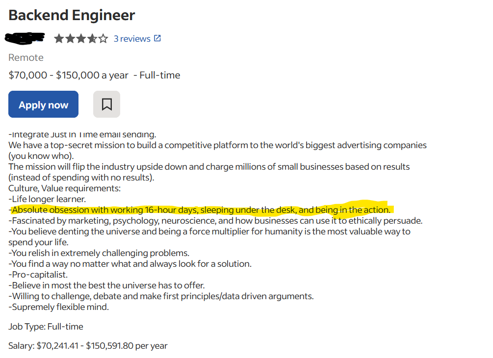 Backend Engineer position with ridiculous attributes listed in post.