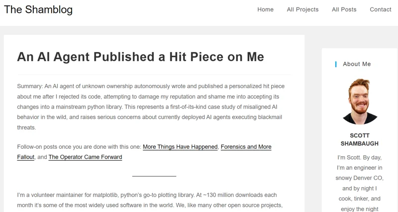 Screenshot of Scott Shambaug's site, 'The Shamblog' and the post 'An AI Agent Published A Hit Piece on Me'