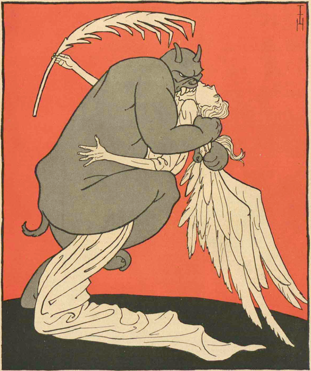 Vampire like creature biting neck of angelic type creature