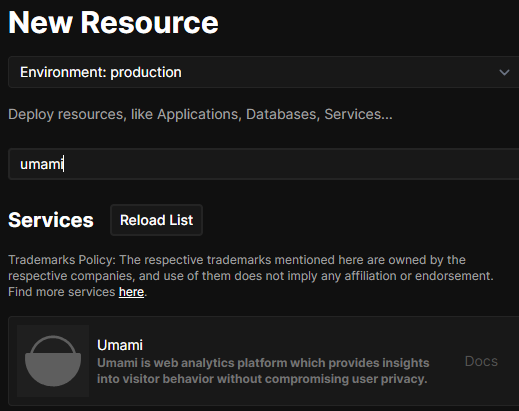Coolify dashboard searching for Umami service